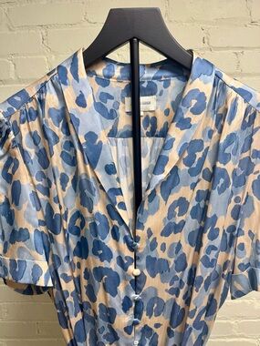 Joyce & Girls, Blue and Tan Abstract floral-print  Silk/Viscose Romper, Size L